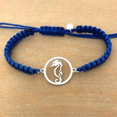 bracelet jeton 1 hippocampe argent 925/1000 cordon marin