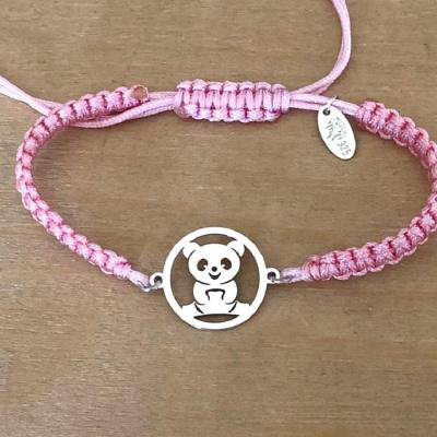 Bracelet jeton 1 Panda Argent 925/1000 cordon marin