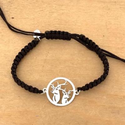 Bracelet jeton 2 Cerfs Argent 925/1000 cordon marin