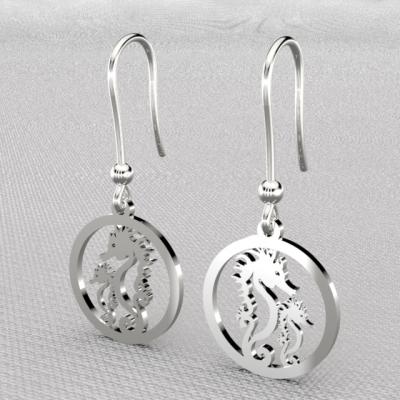 Boucle d'oreille jeton 2  hippocampes  argent 925/1000