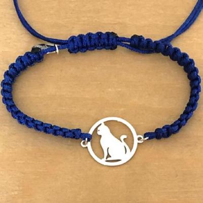 Bracelet jeton Chat assis Argent 925/1000 cordon marin