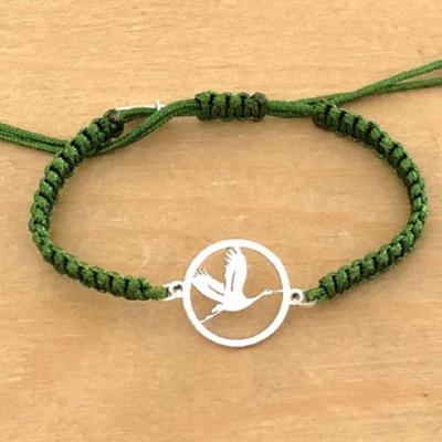 Bracelet jeton Cigogne en vol Argent 925/1000 cordon marin