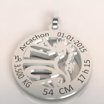 La médaille de naissance  hippocampe  du bassin d'Arcachon  (or blanc 750/1000 )