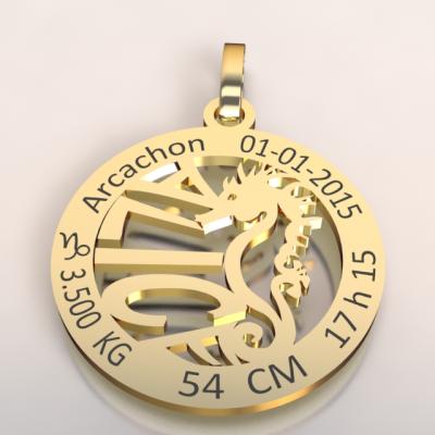 La médaille de naissance hippocampe  du bassin d'Arcachon (or jaune 750/1000 )