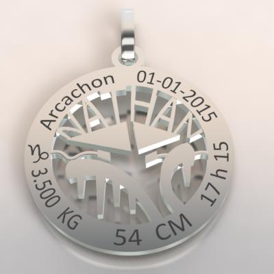 La médaille de naissance  cabane du bassin d'Arcachon  (or blanc 750/1000 )