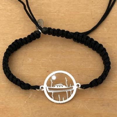 Bracelet jeton Pinasse et Pignots argent 925/1000 cordon marin