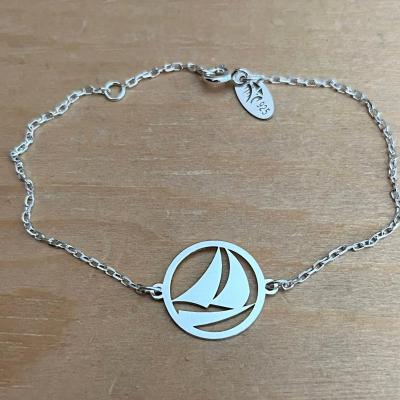 Bracelet Voilier jeton découpé sur chaîne argent 925/1000